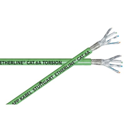 Cables ETHERLINE Cat.6A con cubiertas verdes y pantallas expuestas