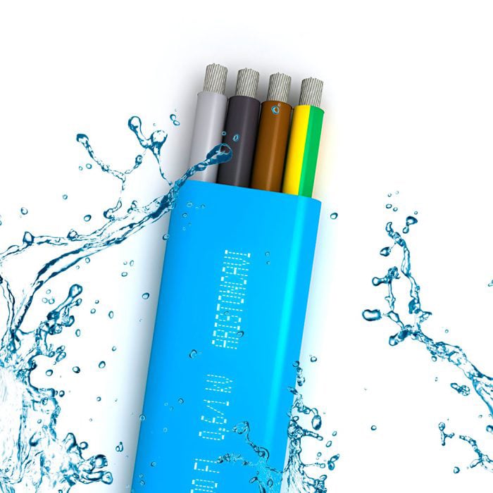 Cable plano DRINCABLE de Aristoncavi con cubierta azul y conductores expuestos